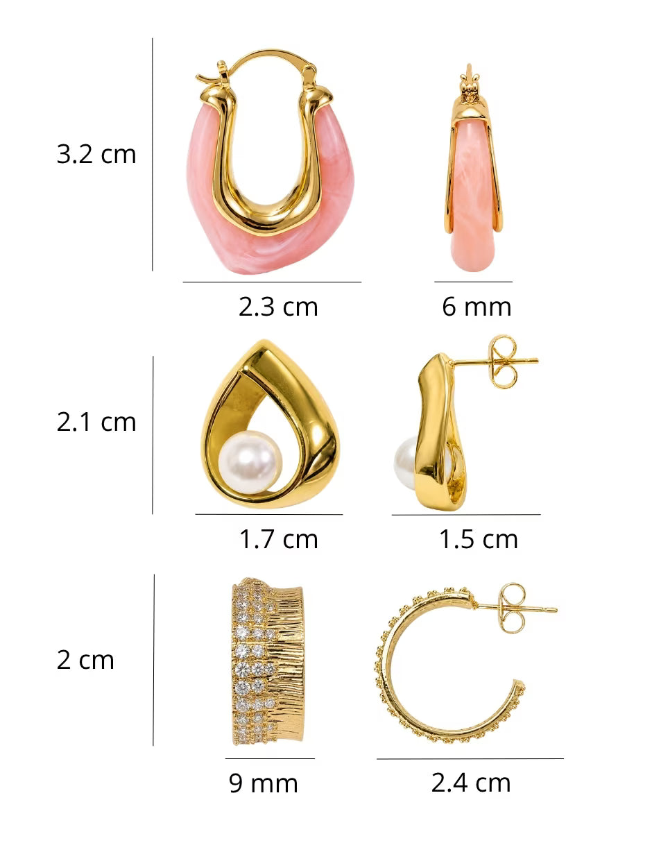 Trío de Aretes Dorados con Perla, Zirconias y Detalle Rosa en chapa de oro 14k