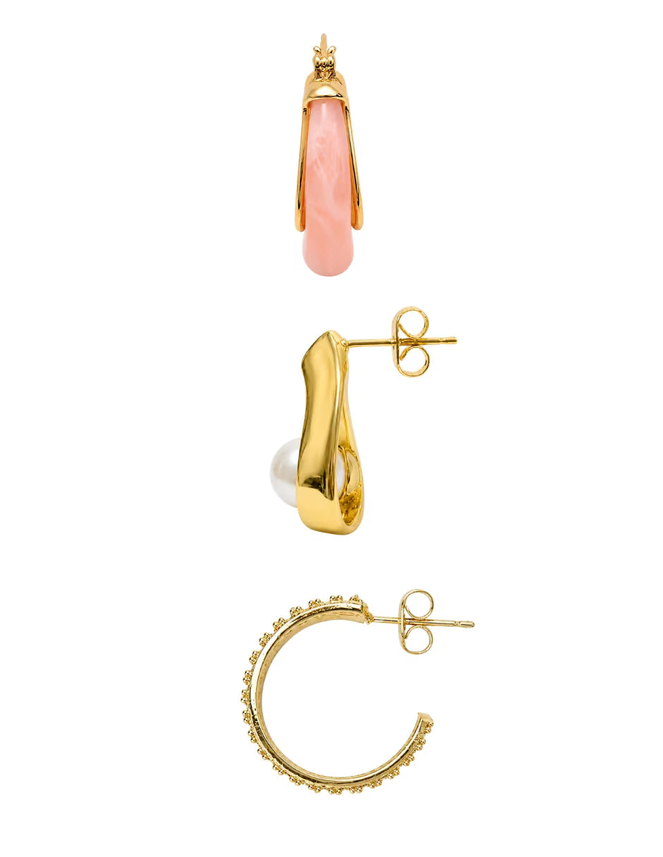 Trío de Aretes Dorados con Perla, Zirconias y Detalle Rosa en chapa de oro 14k