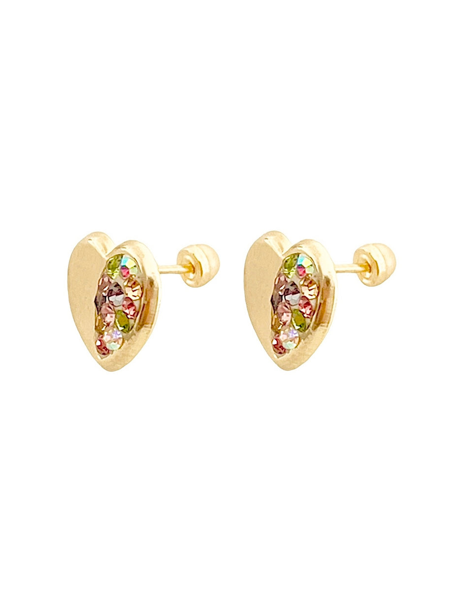 Broqueles Corazón con Zirconias de Colores en Oro 10K