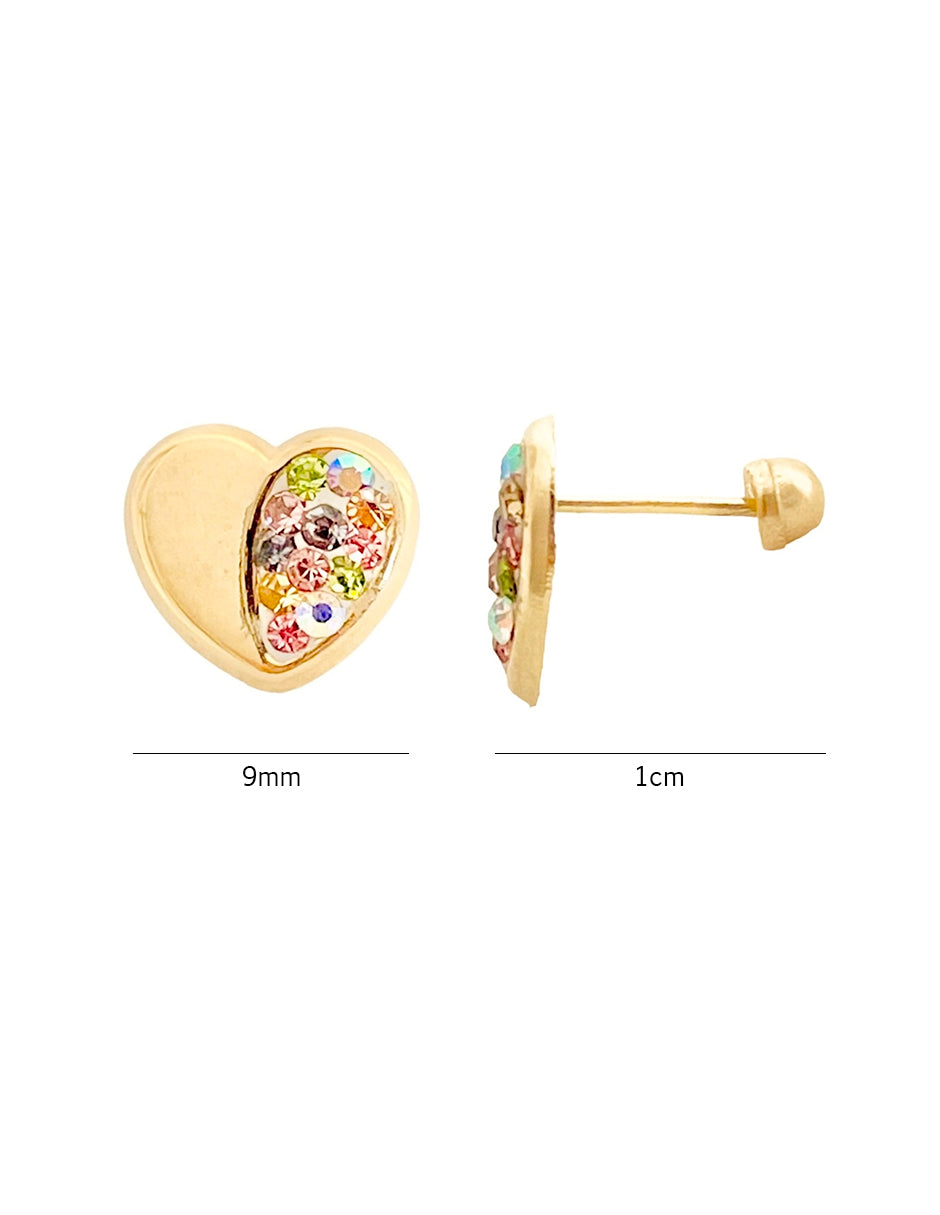 Broqueles Corazón con Zirconias de Colores en Oro 10K
