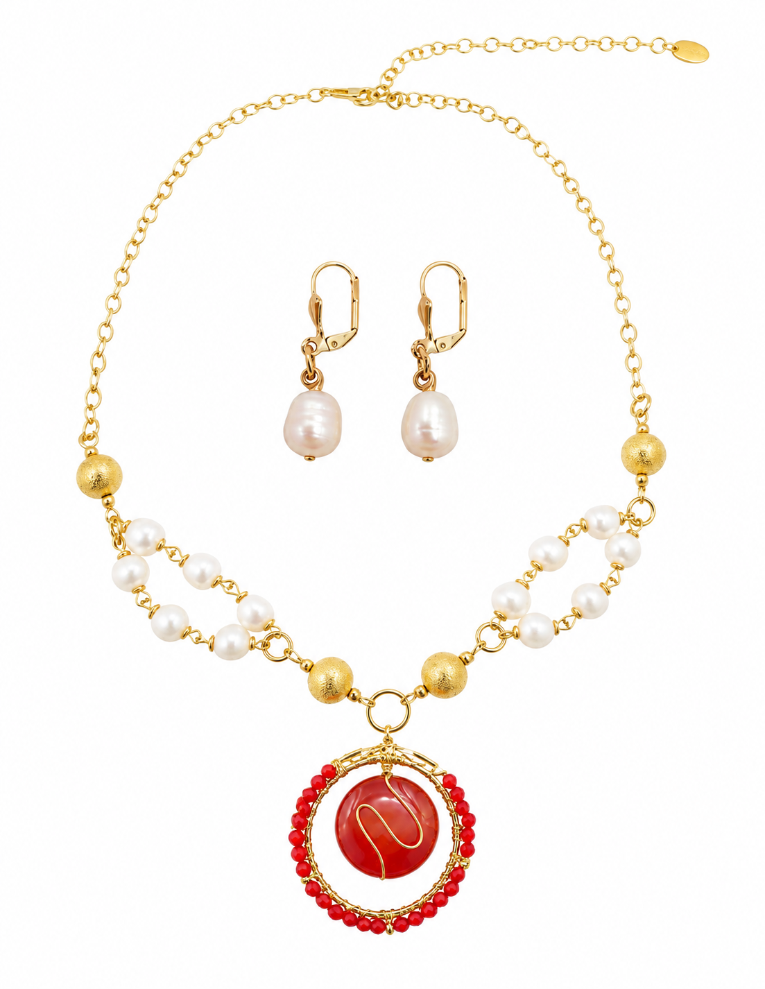 Aretes y collar perla Colgante Rojo