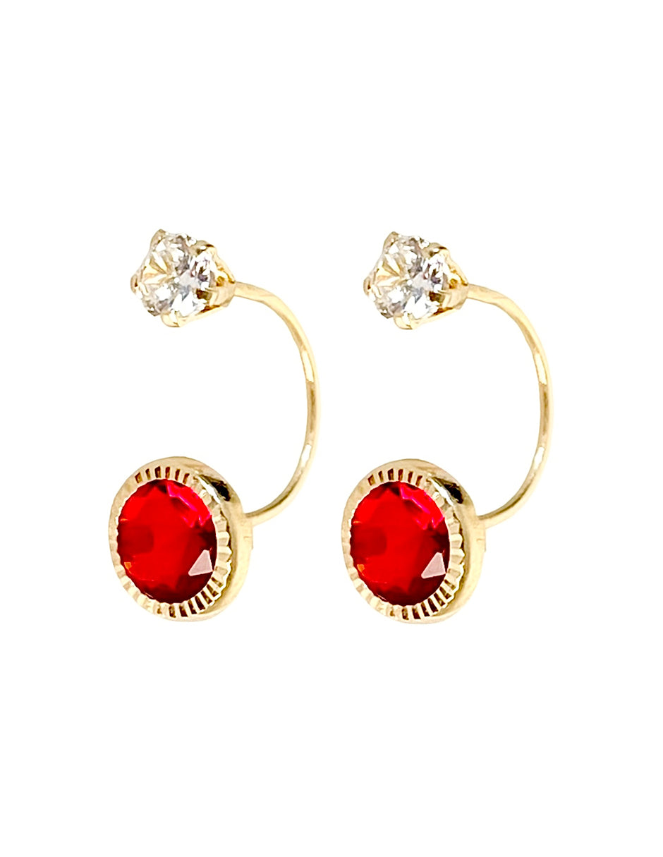Aretes Curvos con Zirconia Roja y Blanca - en Oro de 10k