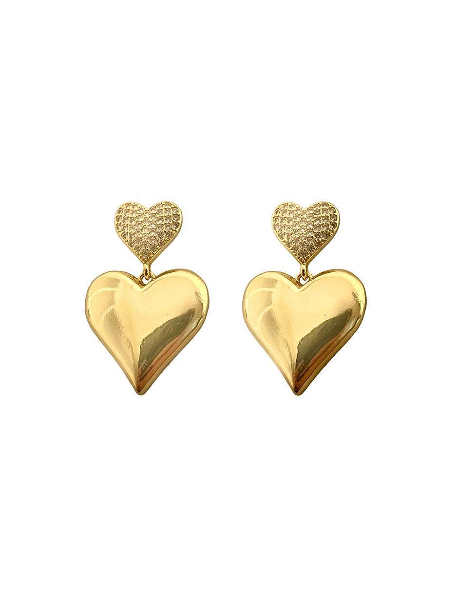 Aretes de Corazon con Zirconias Blancas en Chapa de Oro 14k