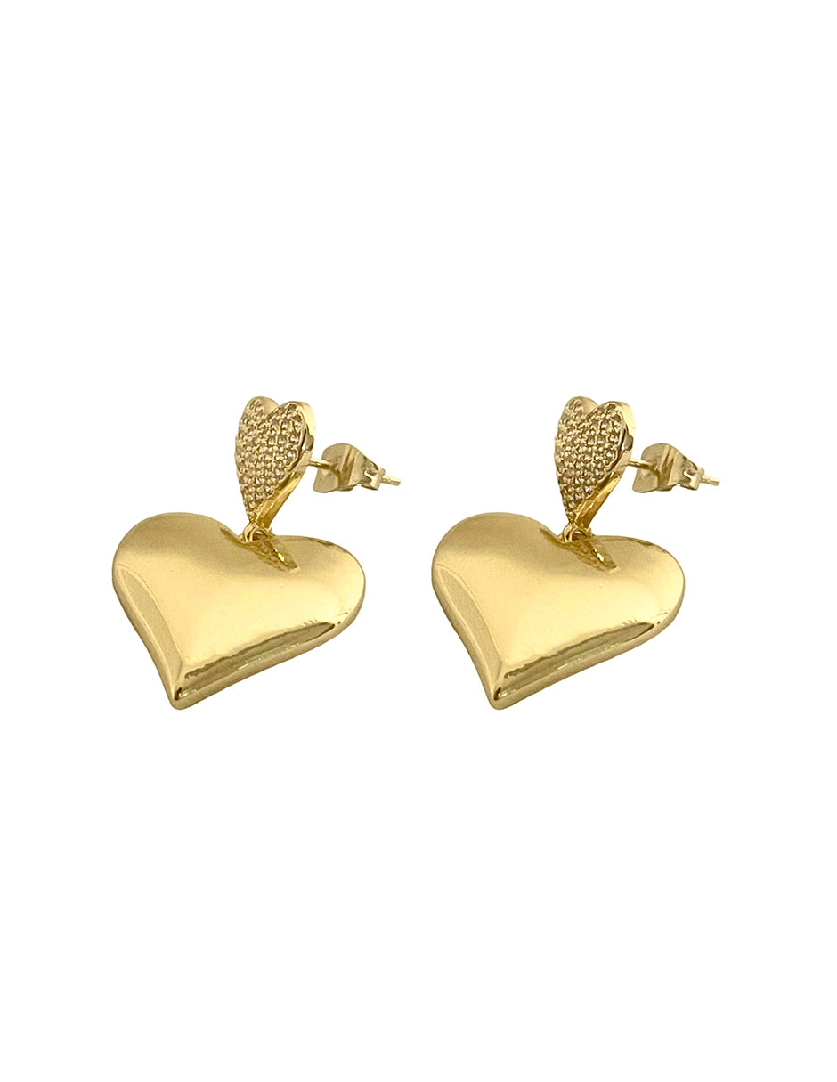 Aretes de Corazon con Zirconias Blancas en Chapa de Oro 14k