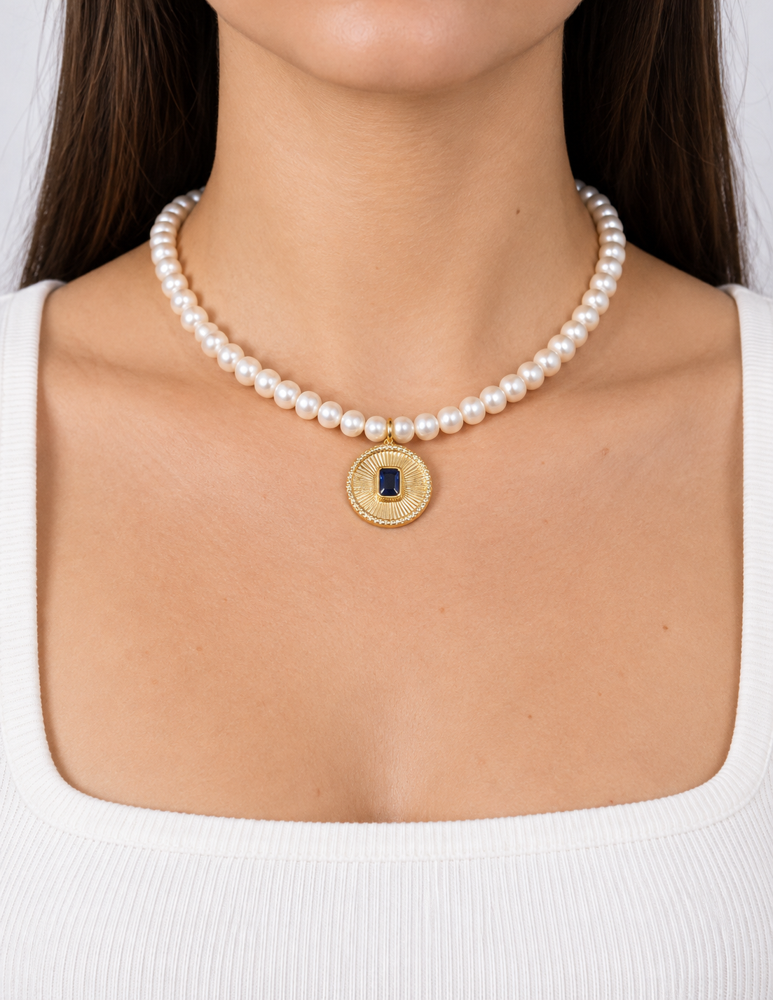 Collar de Perlas Dije Zirconia Azul
