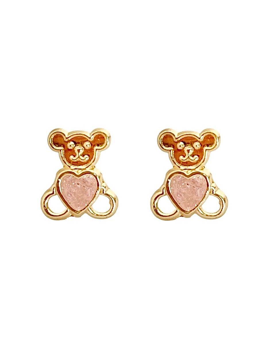 Broquel Oso con Zirconia Rosa - en Oro de 10k