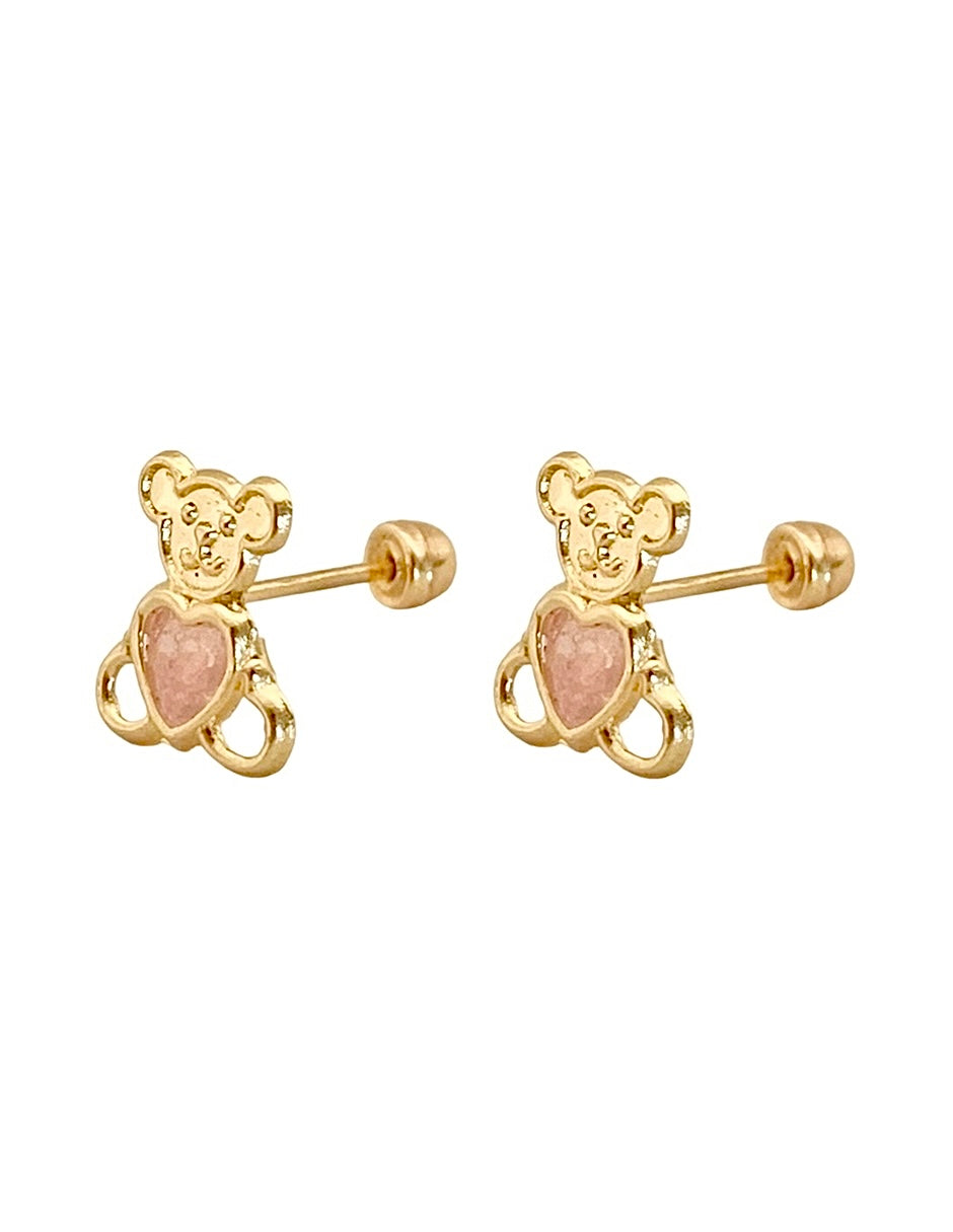 Broquel Oso con Zirconia Rosa - en Oro de 10k