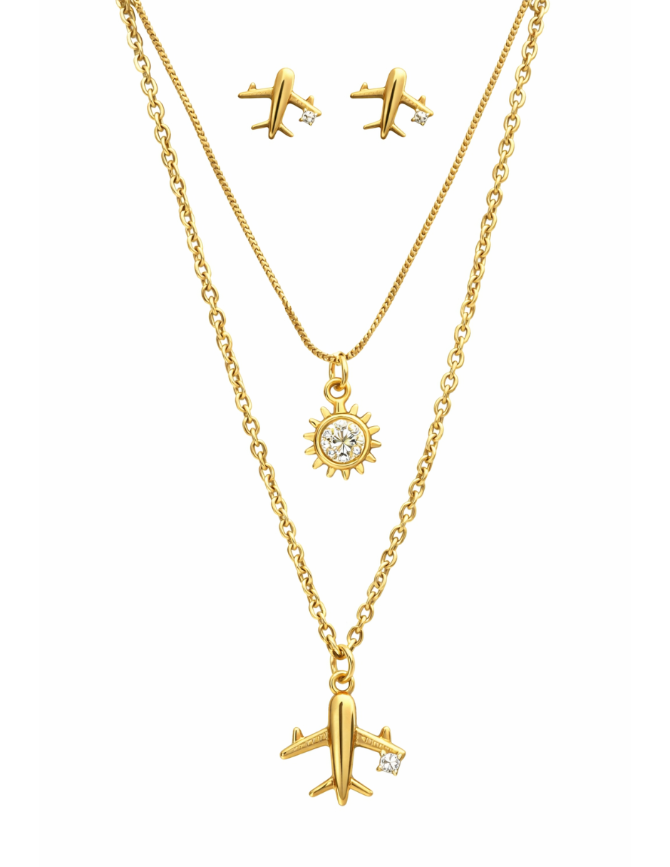 Set de Aretes y Collar de Avión en Chapa de Oro 14K