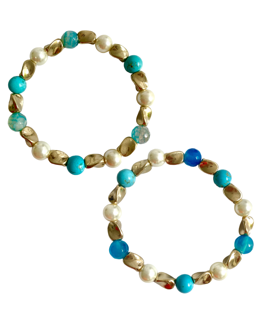 Dúo de Pulseras con Perla y Turquesa en Chapa de Oro 14k