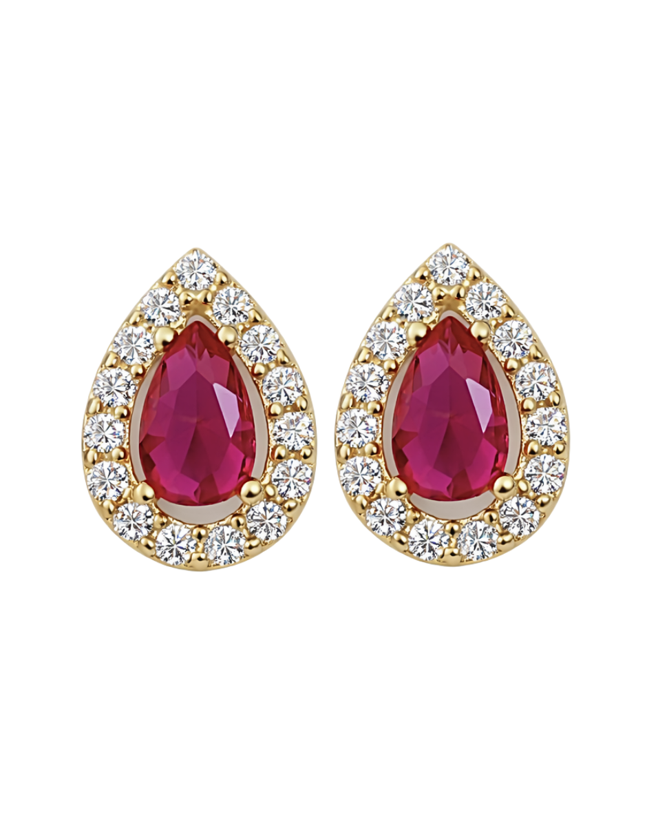 Broqueles de Gota con Zirconia Roja - en Oro 10k