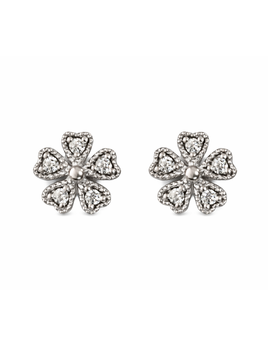 Broqueles de Flor con Zirconias - en Oro Blanco 10k