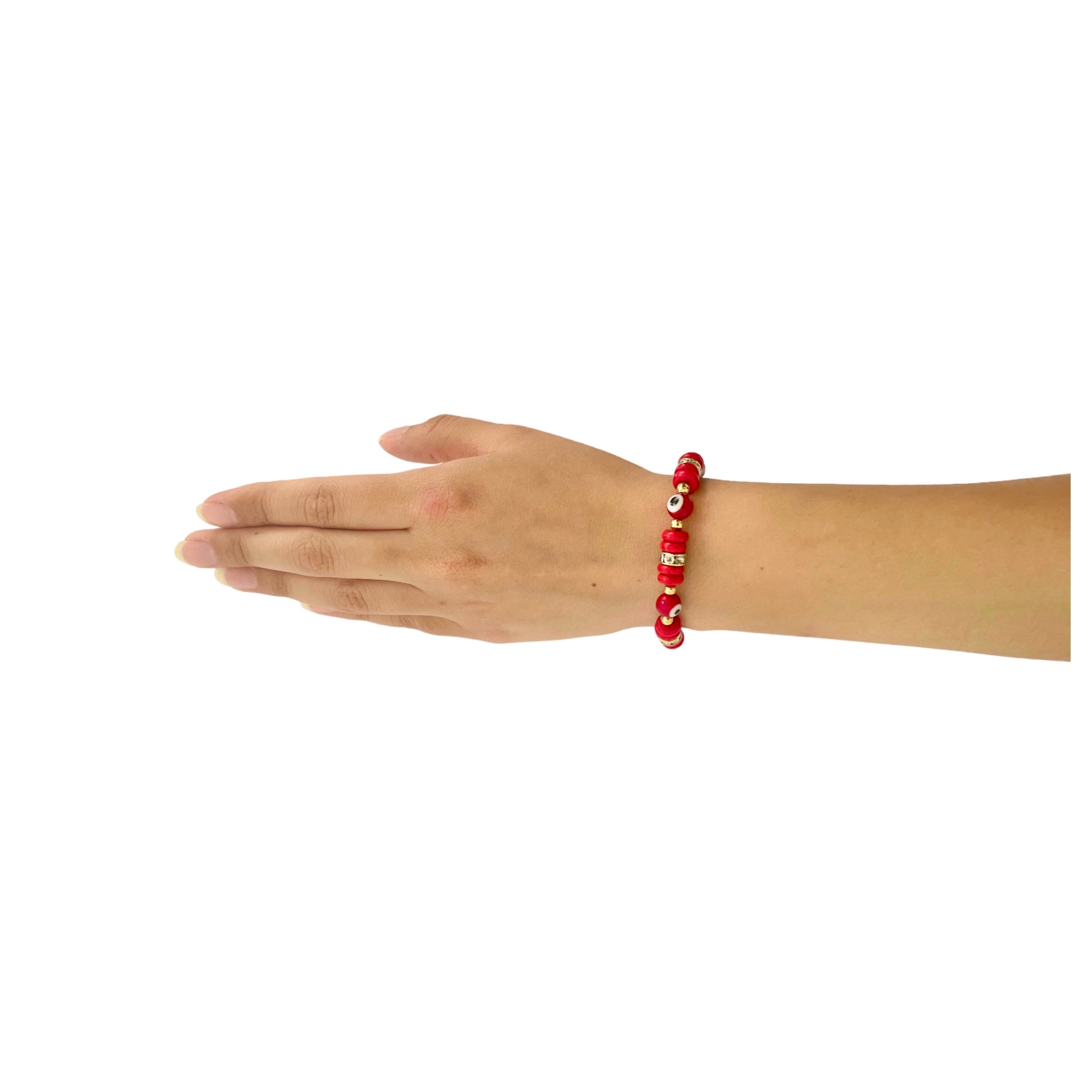 Pulsera Roja de Ojo Turco con Zirconias en Chapa de Oro 14k