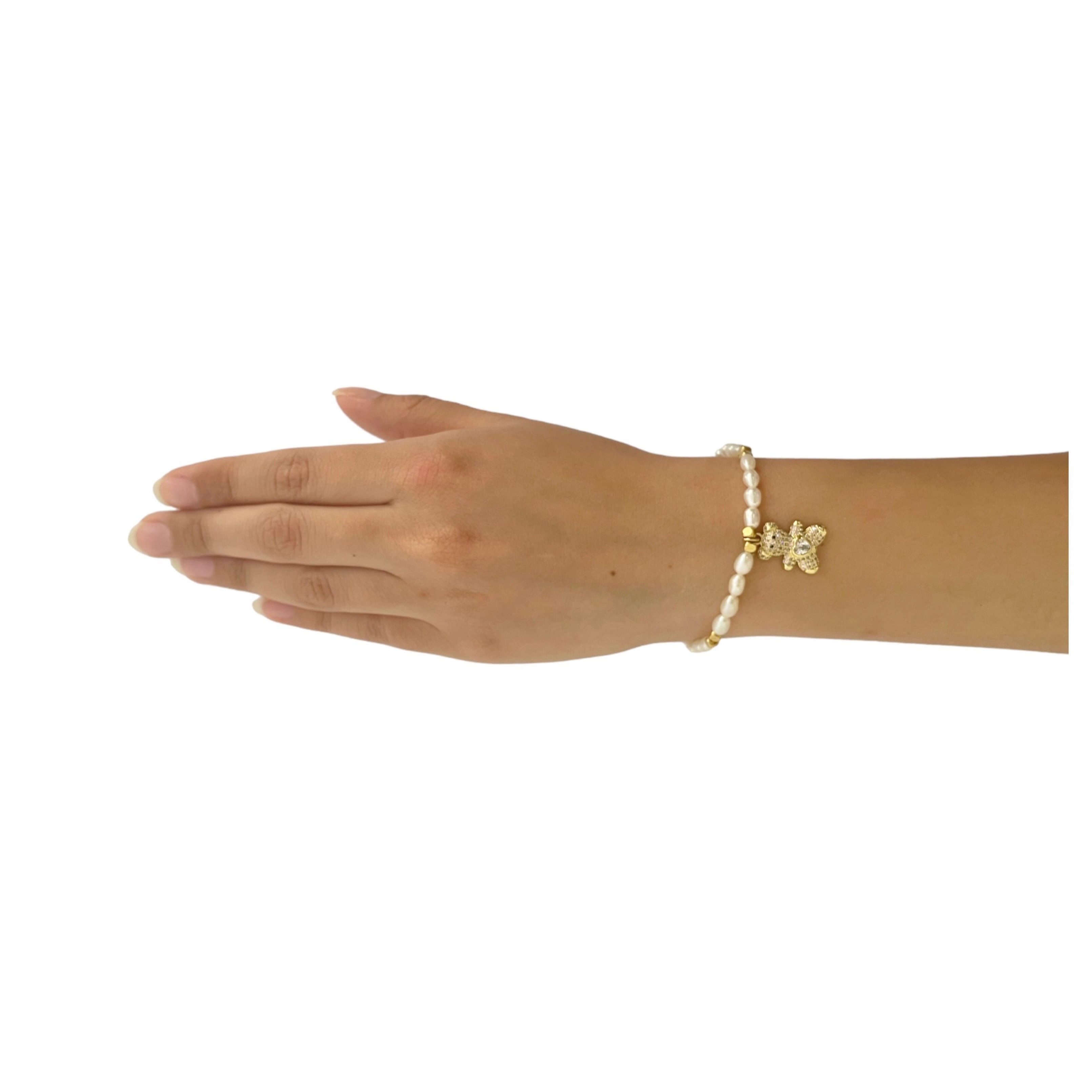 Pulsera de Perlas con Dije de Oso en Chapa de Oro 14k