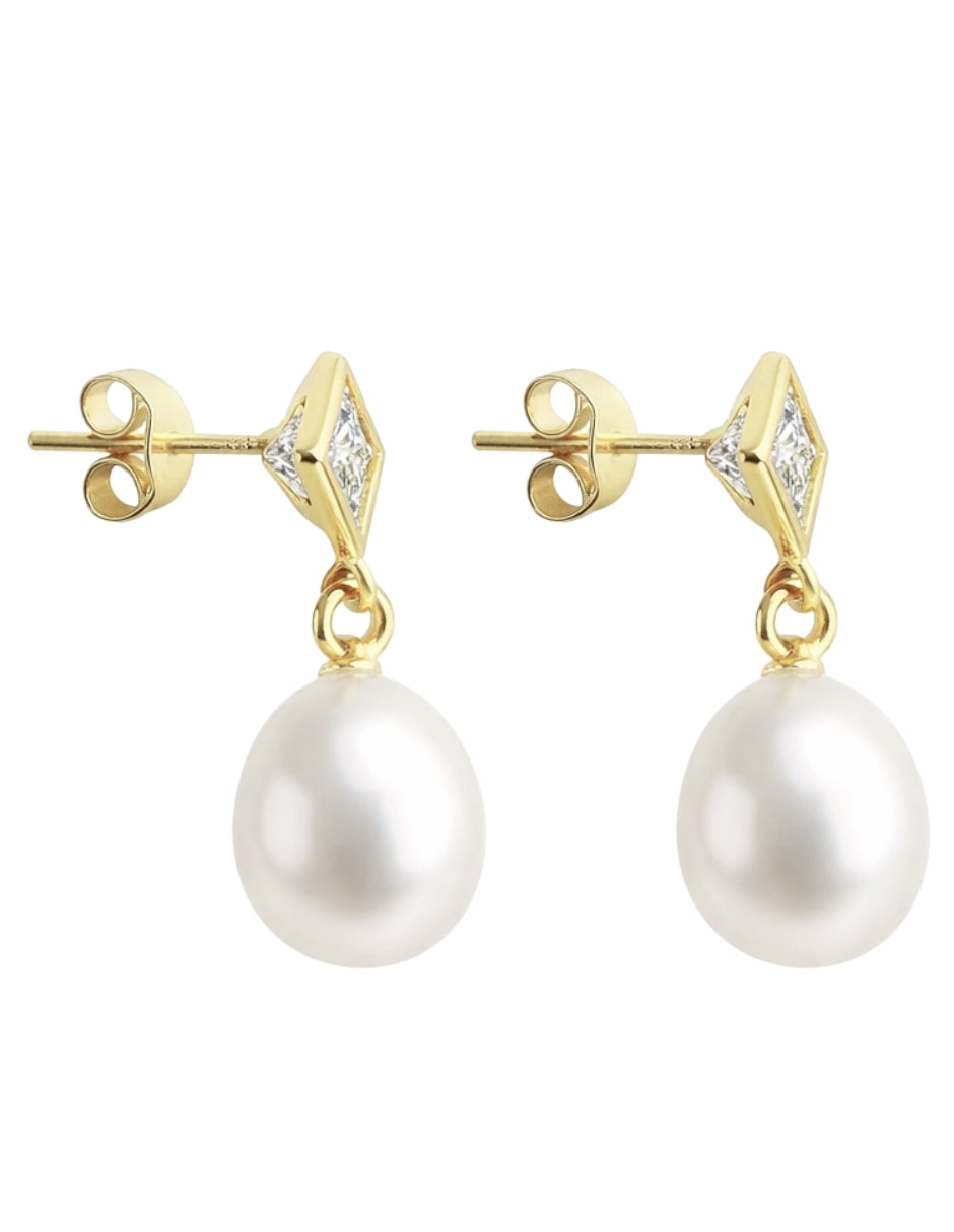 Aretes Rombo con Zirconia Biselada y Perla Natural en Oro de 10K