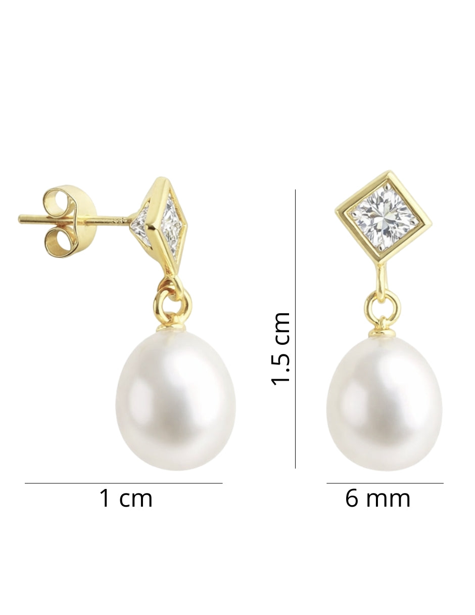 Aretes Rombo con Zirconia Biselada y Perla Natural en Oro de 10K