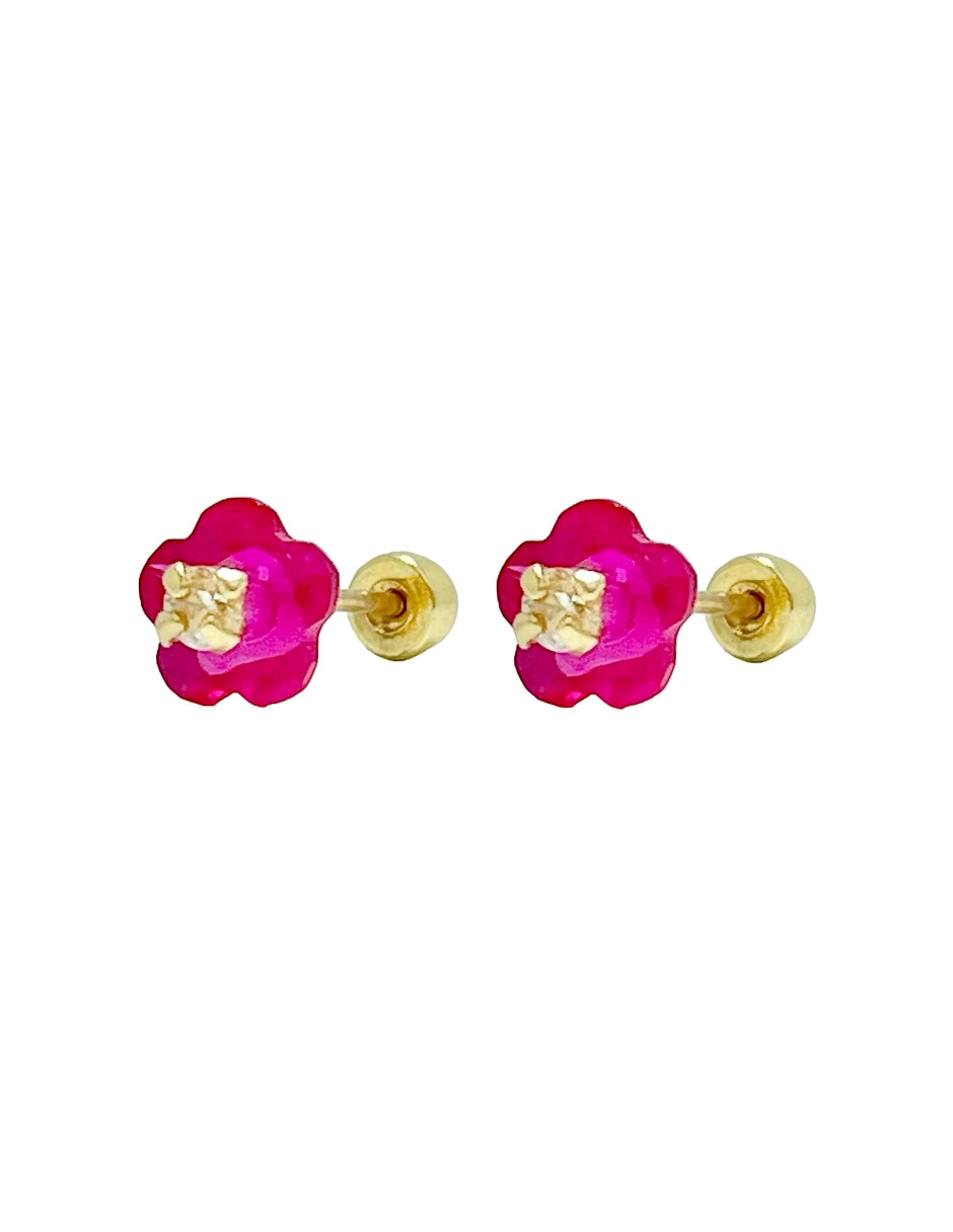 Broquel Flor de Zirconia Rosa- en Oro de 10k