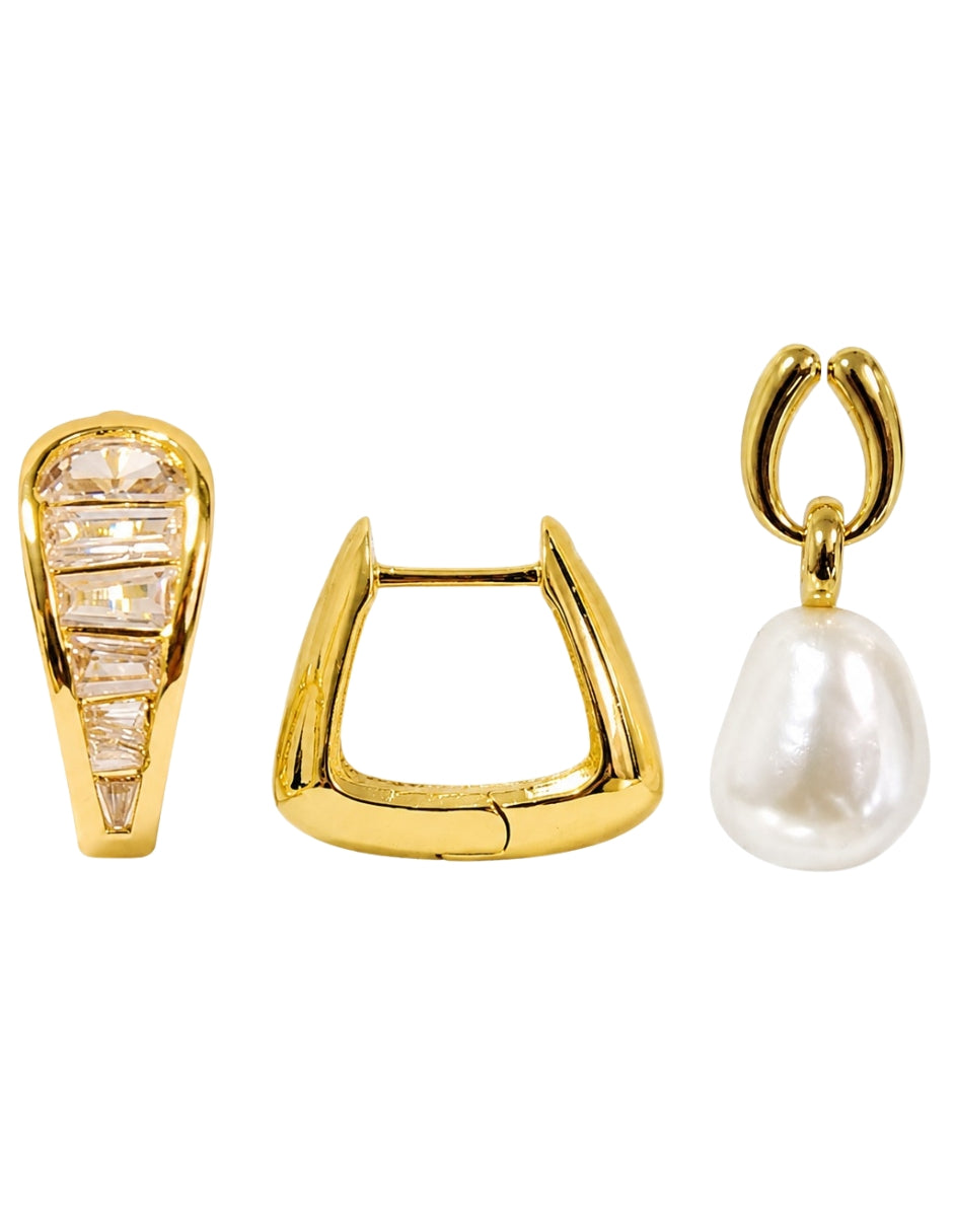 SET DE ARETES CHAPA DE ORO 14K CON ZIRCONIAS Y PERLA