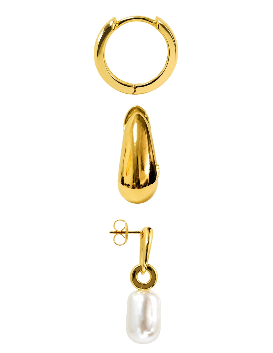 SET DE ARETES CHAPA DE ORO 14K CON ZIRCONIAS Y PERLA