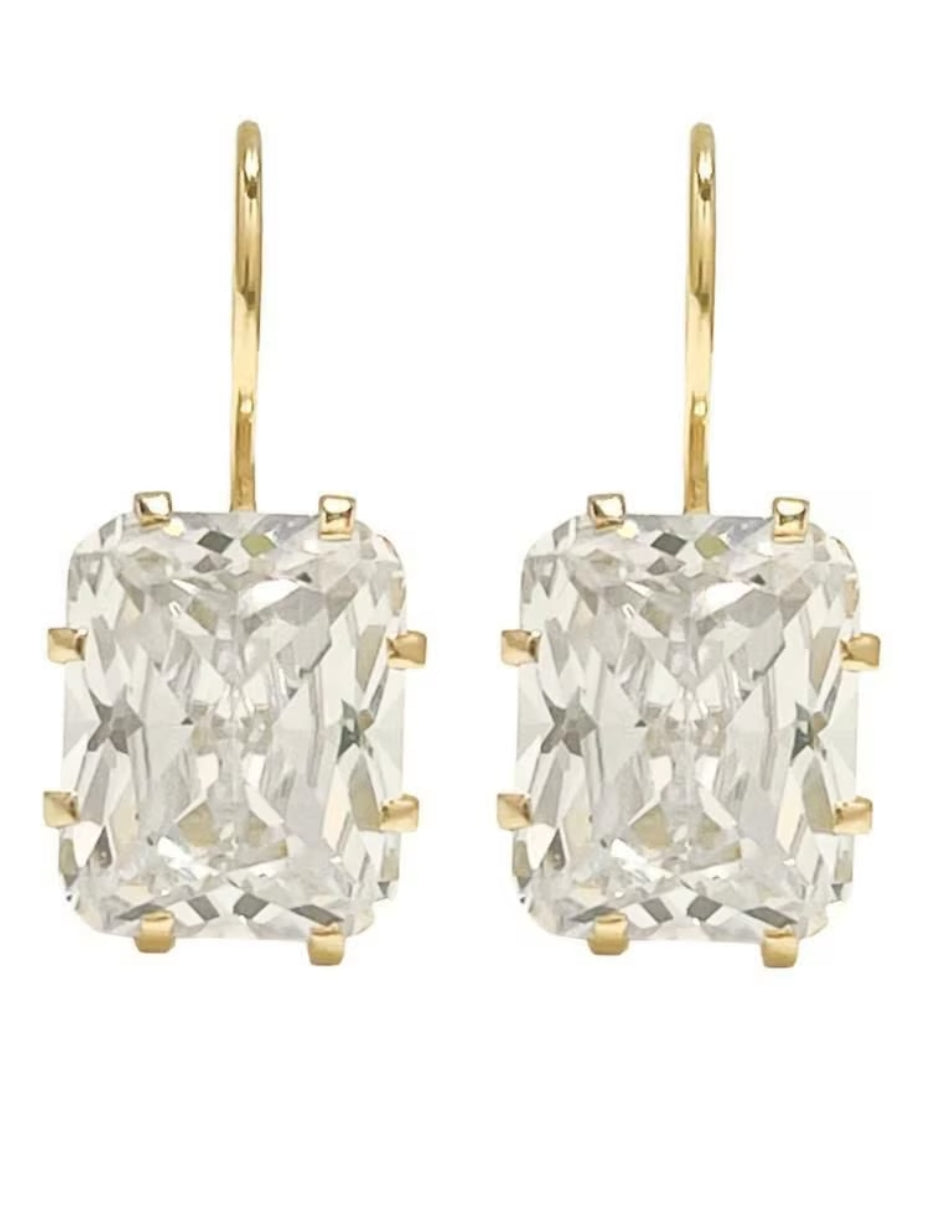 Aretes Zirconia Rectangular Blanca Oro 10k