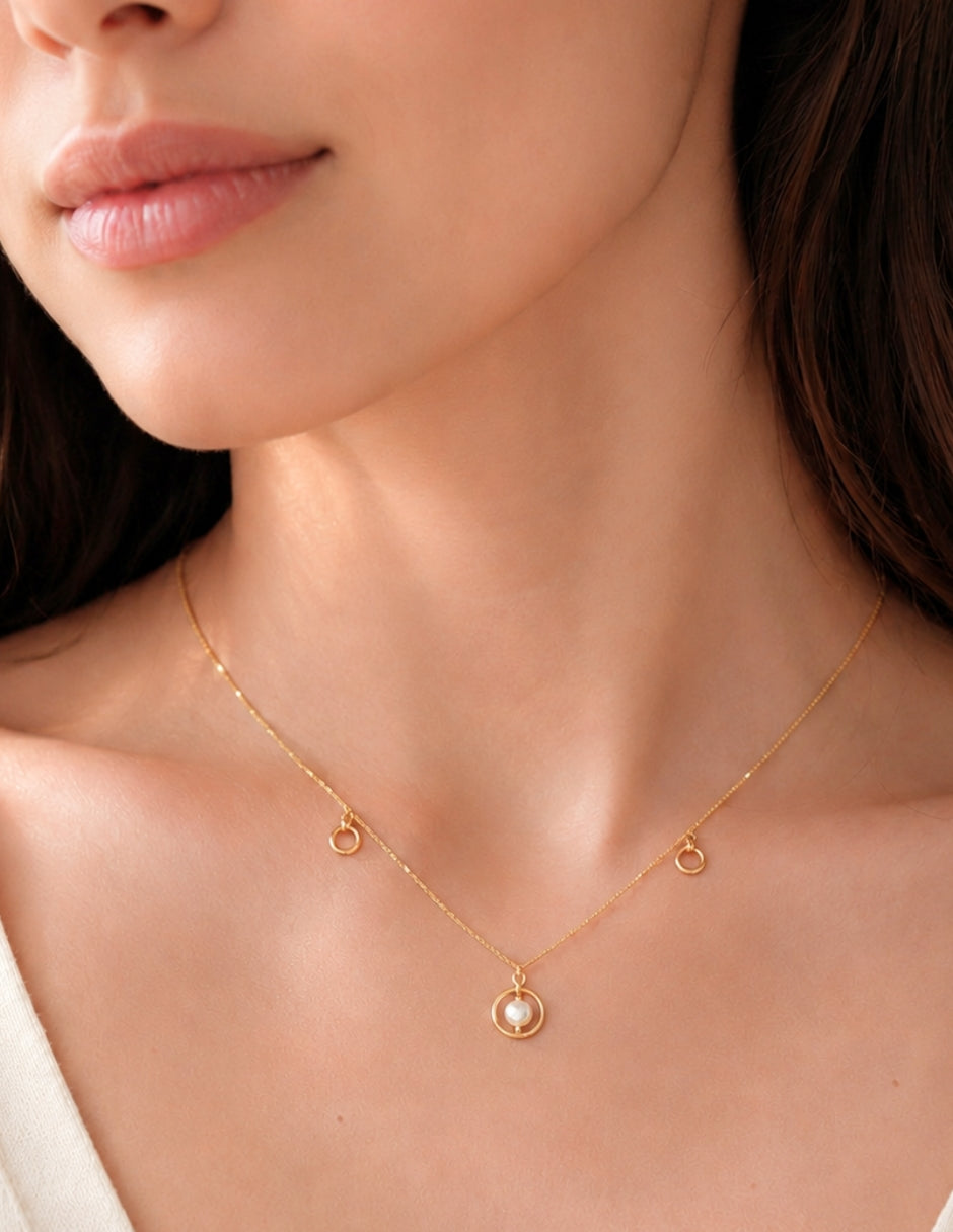 Collar Mancini con Perla de 3 Aros de 10K