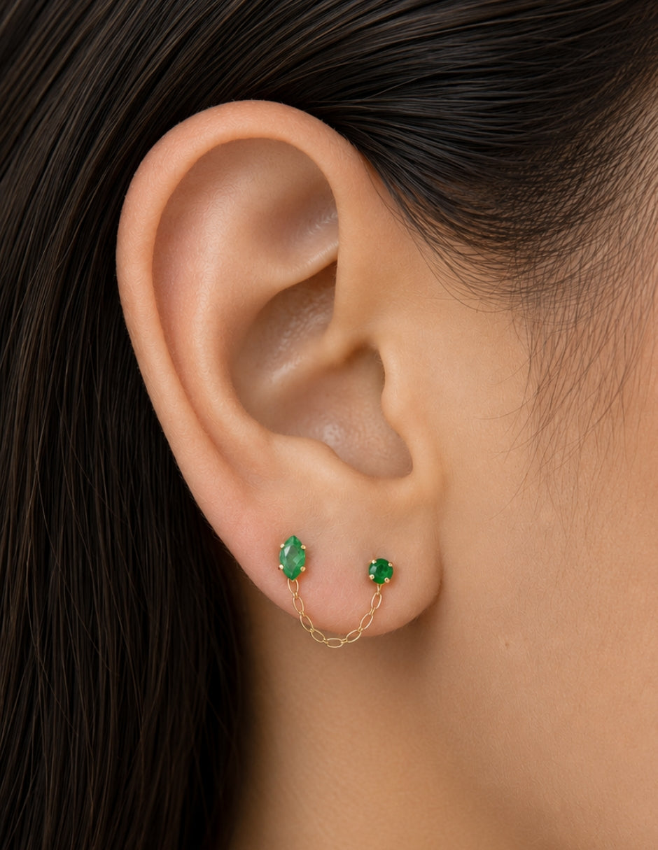 Piercing Esmeralda Oval con Redondo y cadena Oro 10k