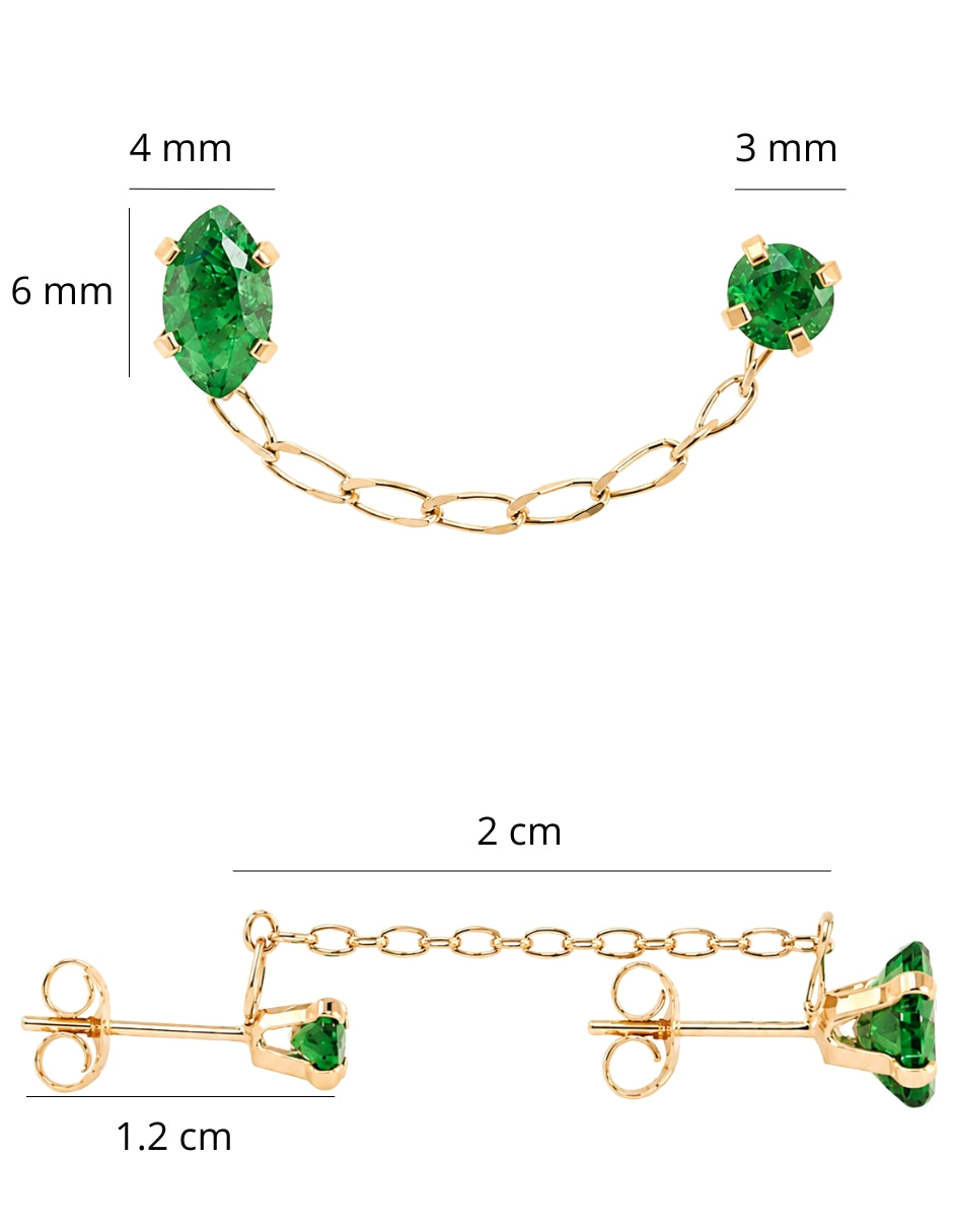 Piercing Esmeralda Oval con Redondo y cadena Oro 10k