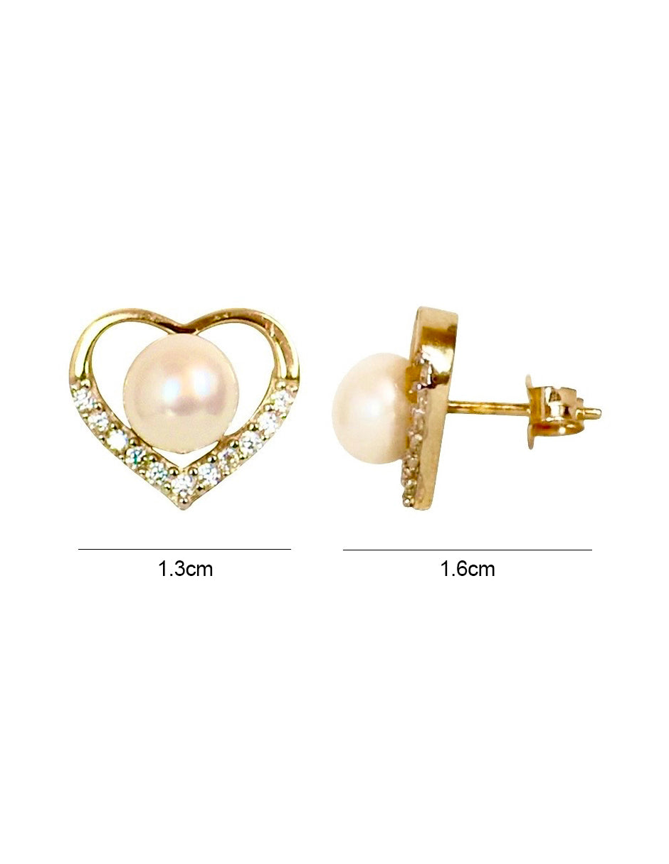 Broqueles Corazón con Perla Natural en Oro 10K