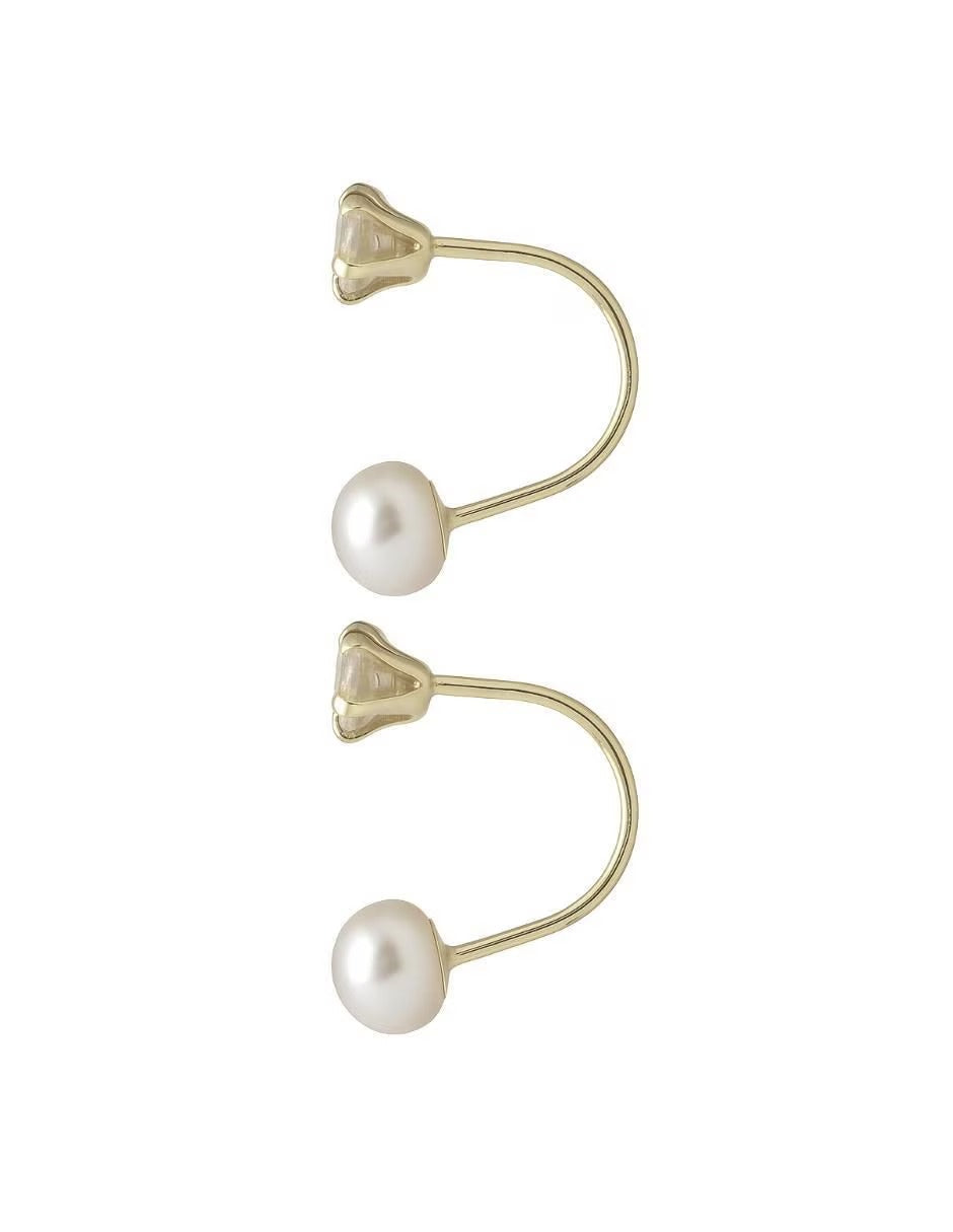 Aretes Curvos con Perla y Zirconia - en Oro 10k