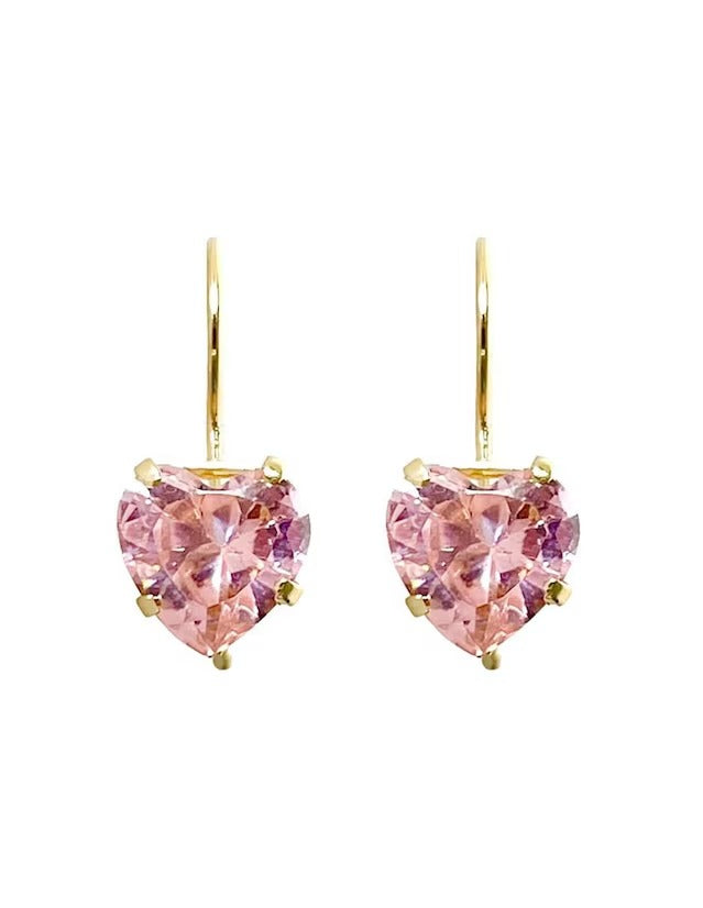 Arete con Zirconia de Corazón Rosa - en Oro 10k