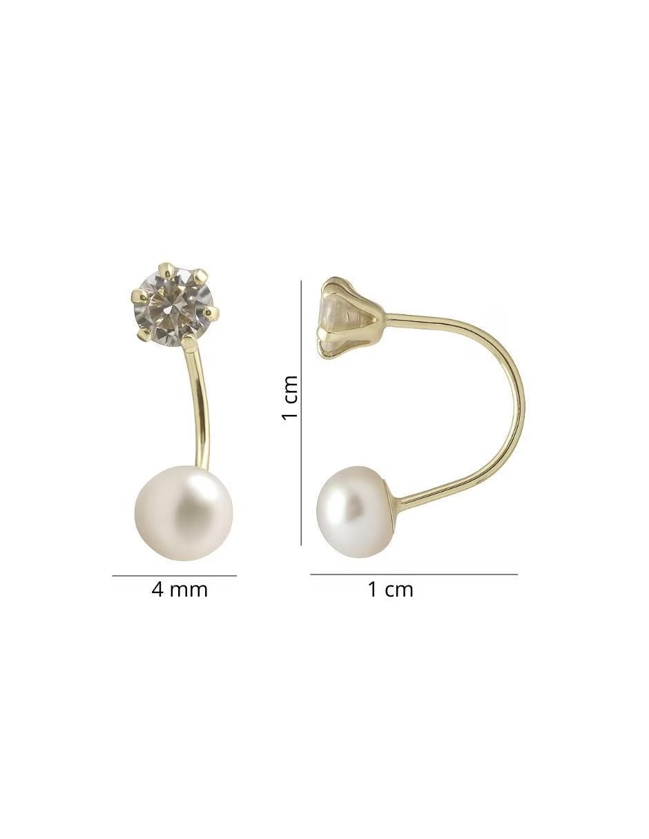 Aretes Curvos con Perla y Zirconia - en Oro 10k