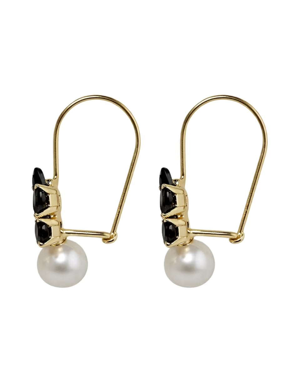 Aretes cortos de zirconias negras con perla 10k