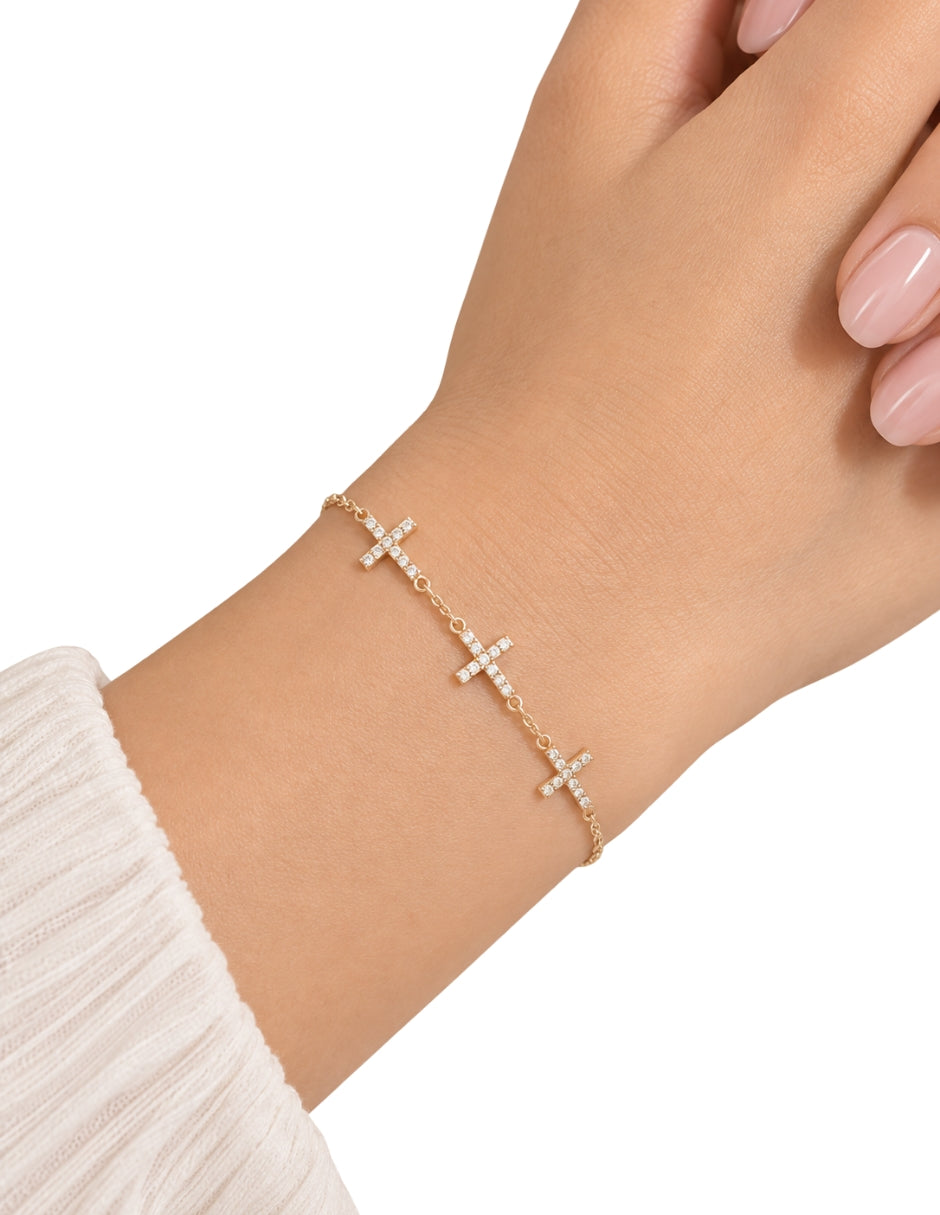 PULSERA MANCINI TRES CRUCES CON ZIRCONIAS ORO 10K