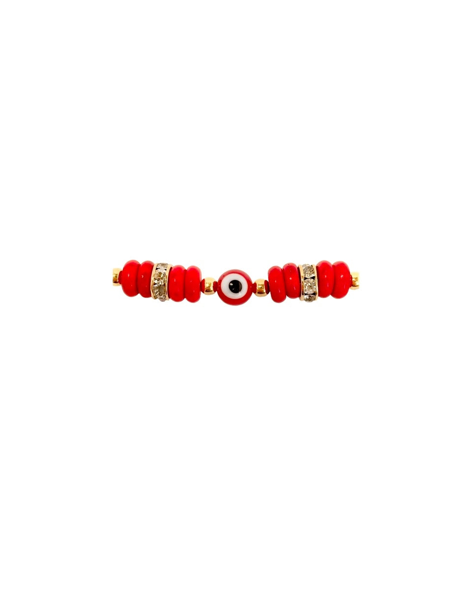 Pulsera Roja de Ojo Turco con Zirconias en Chapa de Oro 14k