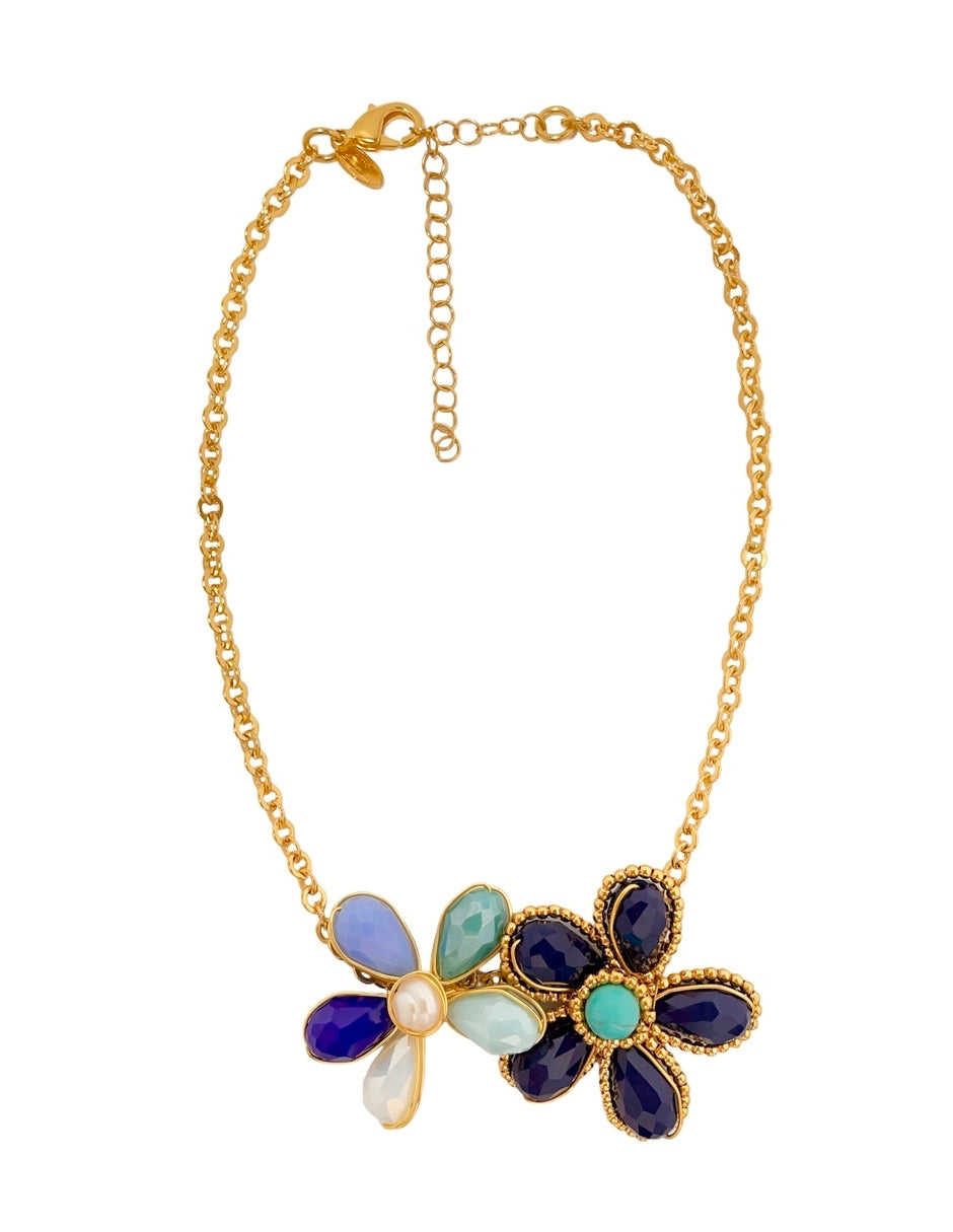 Collar Flores Azules en Chapa de Oro 14k