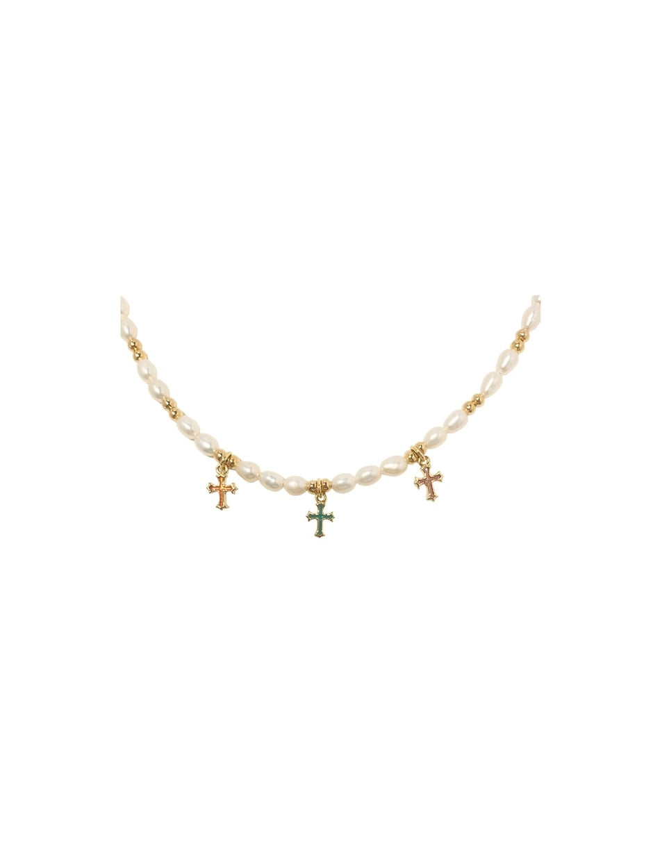 Collar de Hilo con Perlas y Dijes de Cruz en Chapa de Oro de 14k
