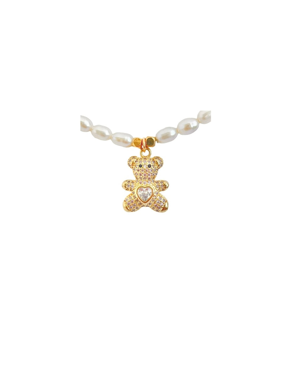Pulsera de Perlas con Dije de Oso en Chapa de Oro 14k