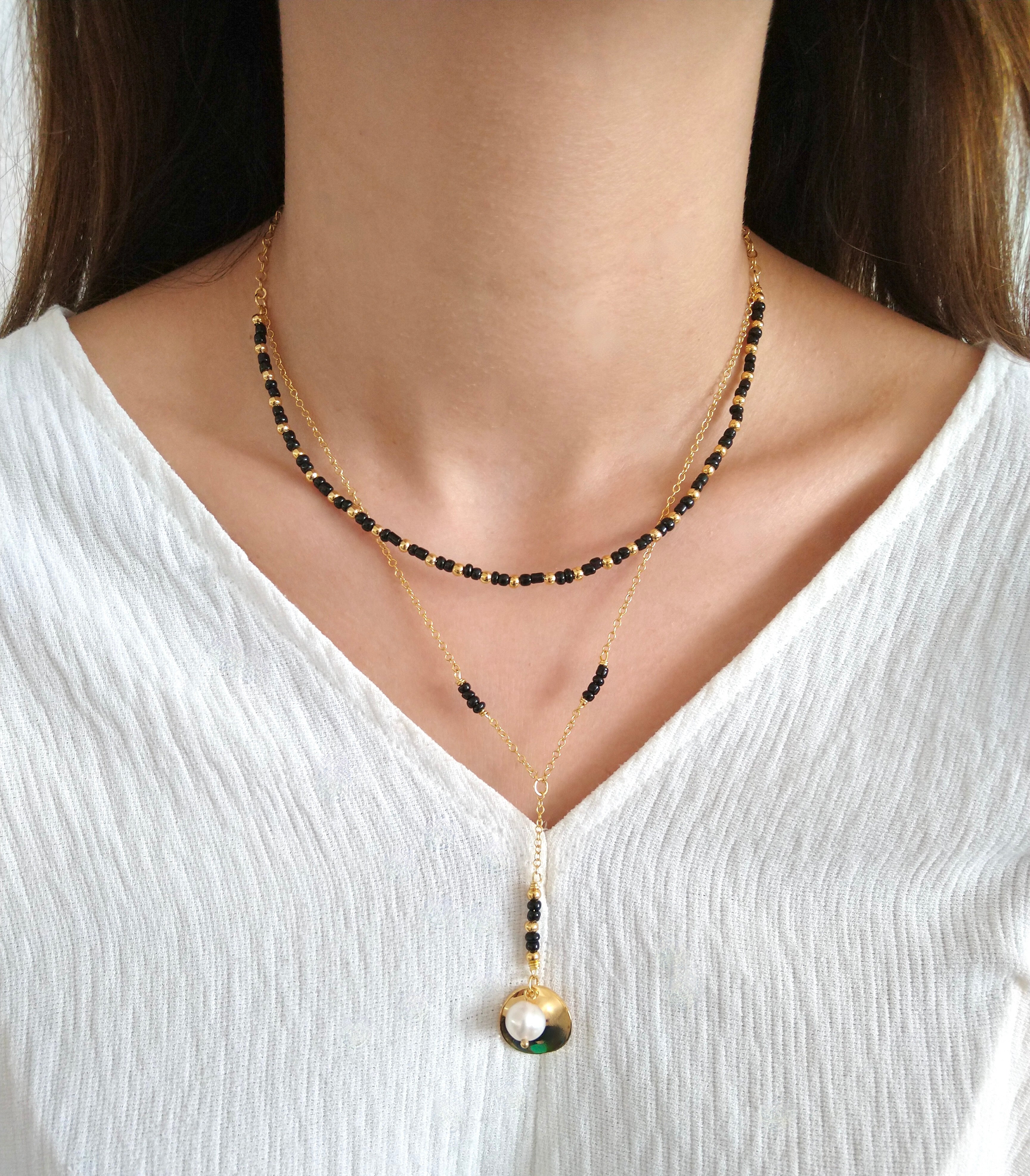 Collar Doble con Perla Natural en Chapa de Oro 14k