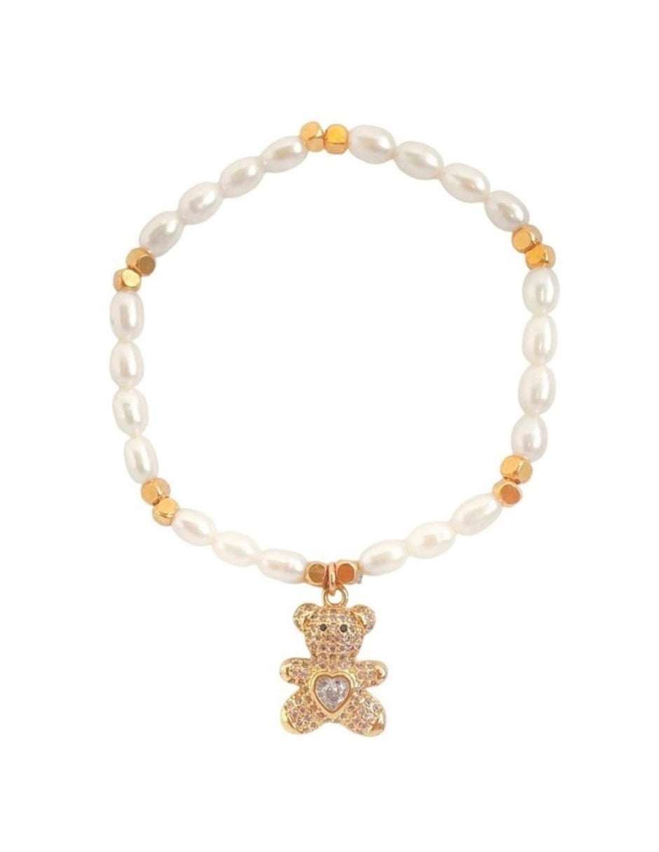 Pulsera de Perlas con Dije de Oso en Chapa de Oro 14k