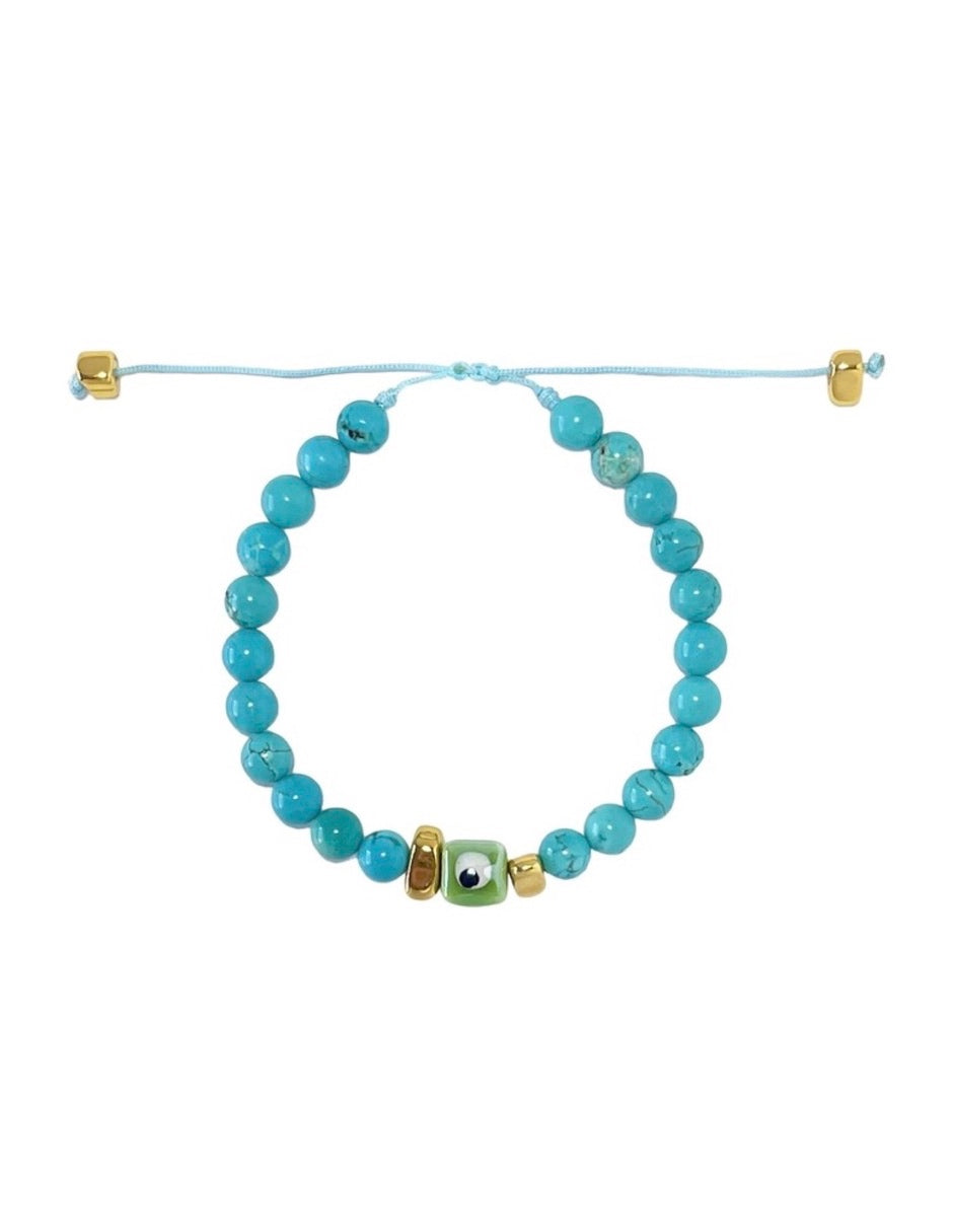 Pulsera de Turquesa con Ojo Turco Verde en Chapa de Oro 14k