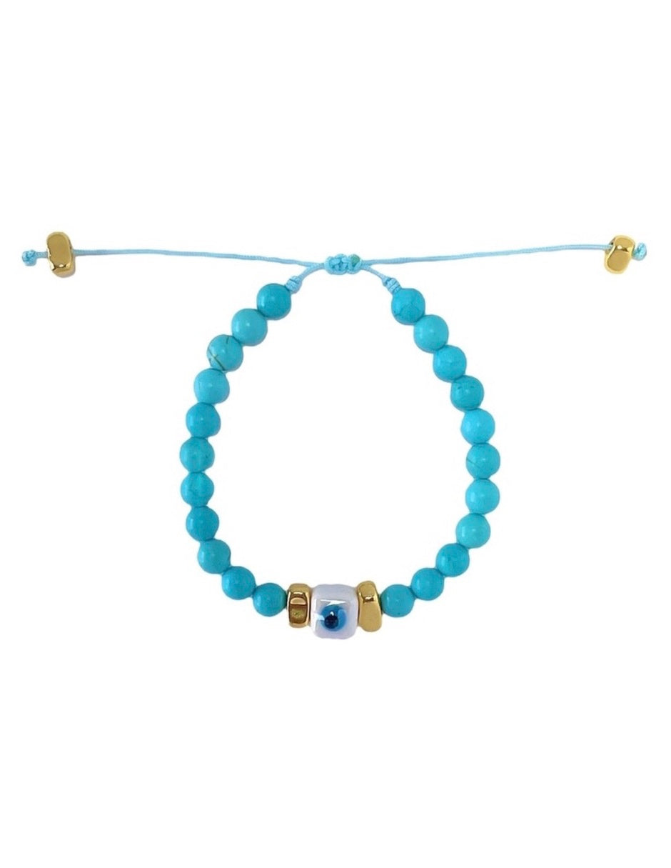 Pulsera de Turquesa con Ojo Turco Blanco en Chapa de Oro 14k