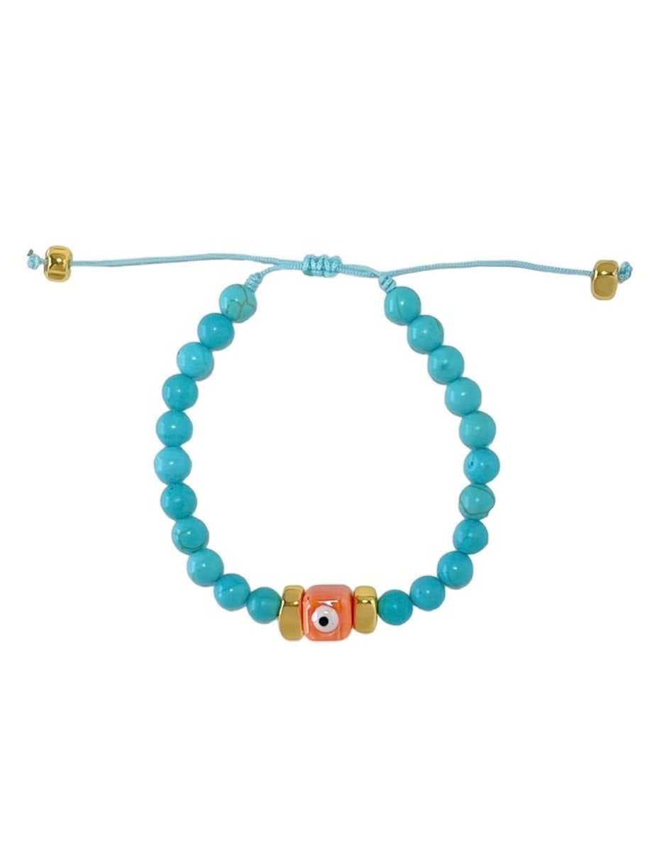Pulsera de Turquesa con Ojo Turco Naranja en Chapa de Oro 14k