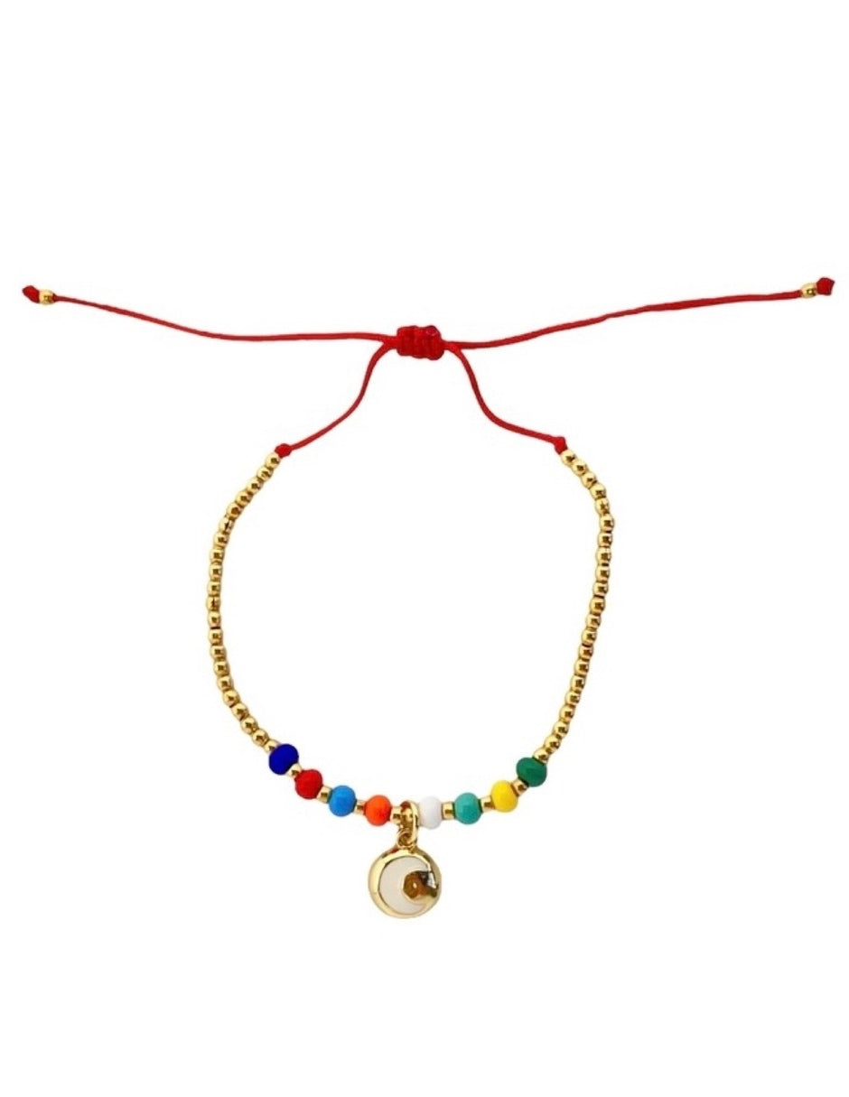 Pulsera de Hilo Rojo con Dije de Luna y Detalles en Chapa de Oro de 14k