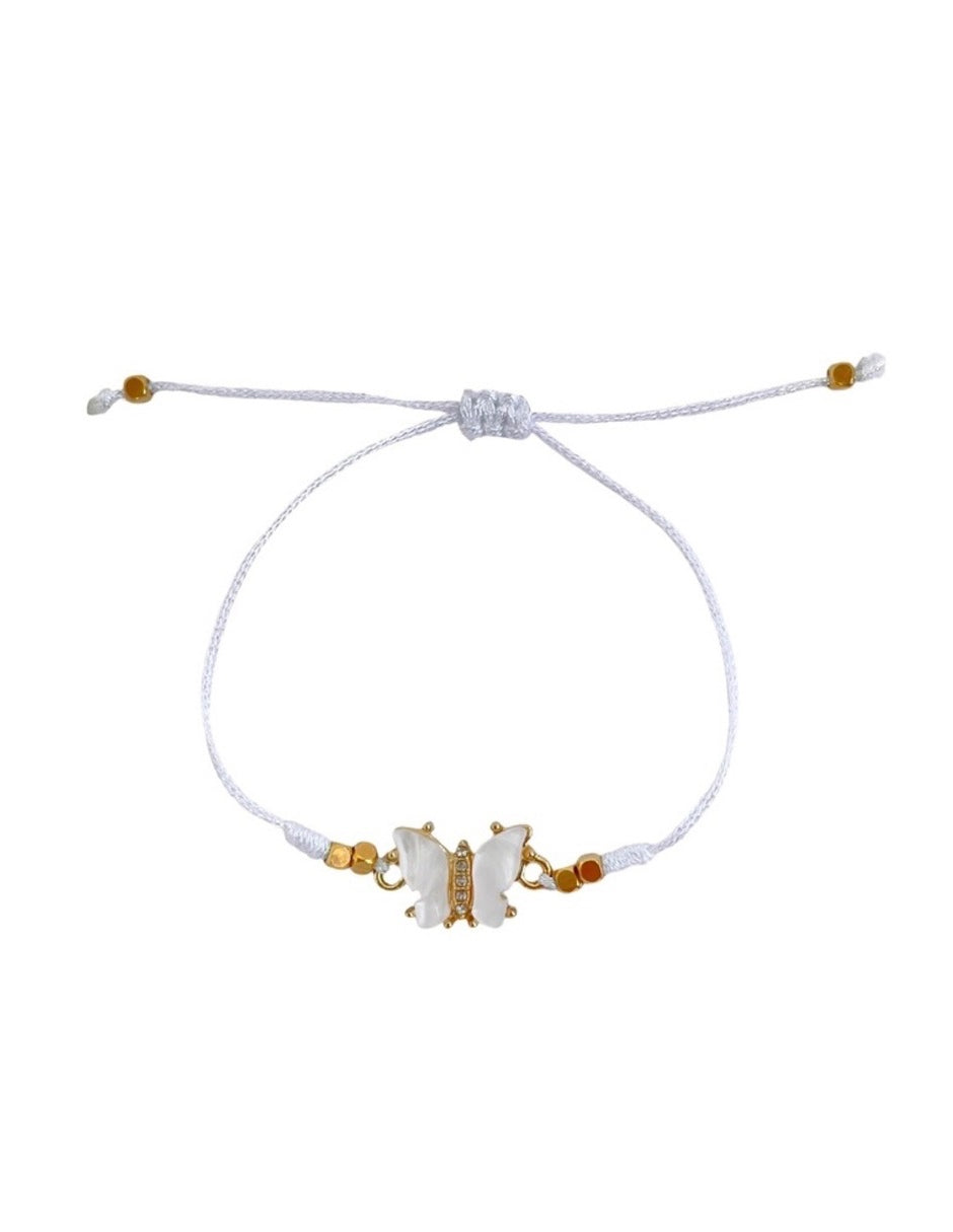 Pulsera Mariposa de Hilo Blanco en Chapa de Oro 14k