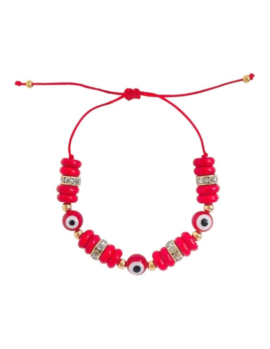 Pulsera Roja de Ojo Turco con Zirconias en Chapa de Oro 14k
