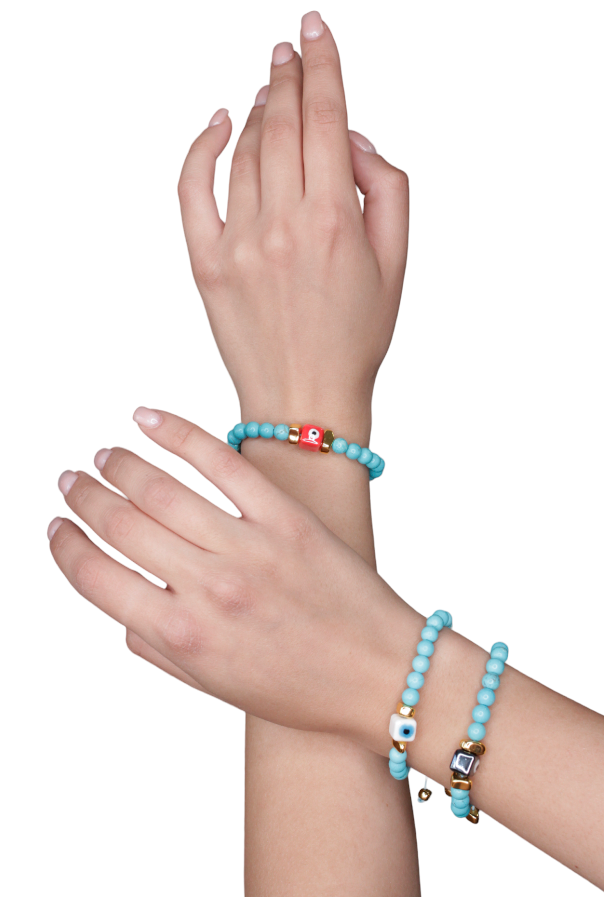 Pulsera de Turquesa con Ojo Turco Blanco en Chapa de Oro 14k