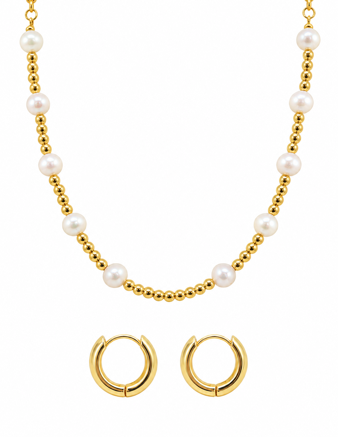 Set de collar en bolitas, con arracadas, en chapa de oro de 14k