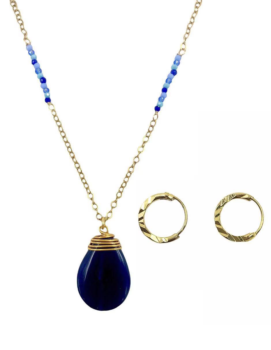 Set de arracadas y collar con piedra azul en chapa de oro de 14 k