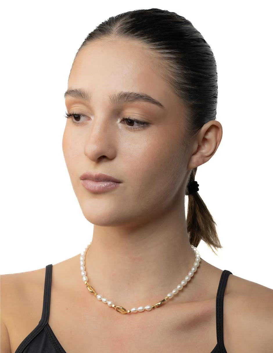 Collar de PerlaS con dijes de Concha de mar de baño de Oro 14k