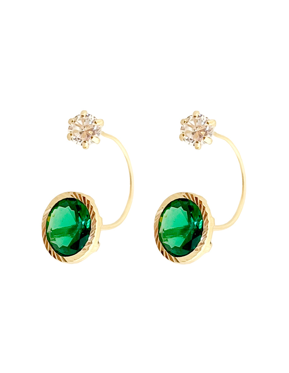 Aretes Curvos con Zirconia Verde y Blanca - en Oro de 10k