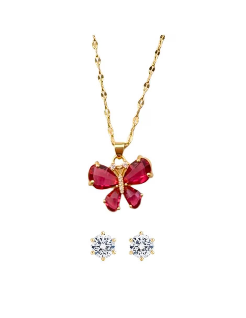 Aretes y collar de mariposa con acabado chapa de oro 14 K zirconia